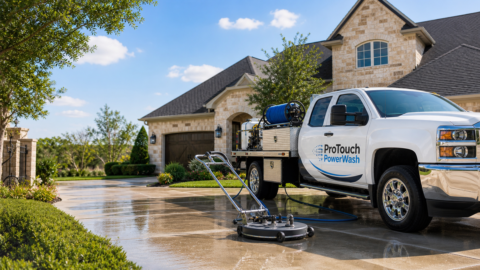 Generated representative ProTouch PowerWash branded truck and driveway cleaning visual